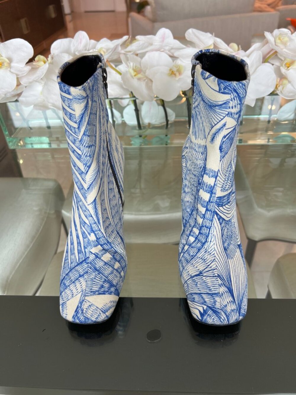 Dries Van Noten Blue White Feather Print Ankle Boots Italy 39 9